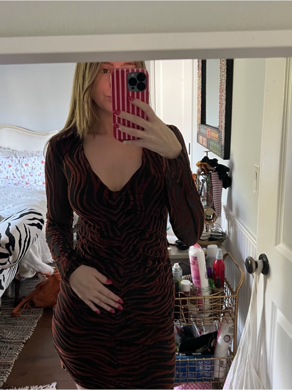 Long-Sleeve Zebra-Print Bodycon Dress in Brown